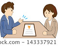 A man and a woman discussing fees and costs. 143337921