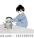 A woman in a kimono boiling water in a kettle: A glimpse into winter life. 143338559