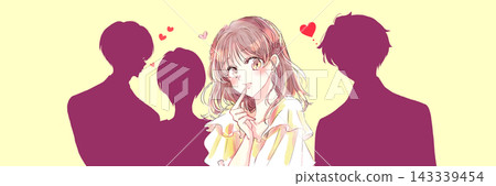 三個男人的剪影中,一位女子正被他們欣賞。 三個男人的剪影中,一位女子正被他們欣賞。 143339454