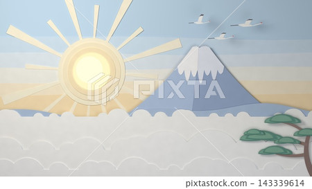 Paper cutout of Mount Fuji and golden sunlight, a sea of clouds and cranes, New Year's greetings. Paper cutout of Mount Fuji and golden sunlight, a sea of clouds and cranes, New Year's greetings. 143339614