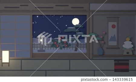 Paper cutout: A Japanese-style room on New Year's Eve, with a lit lantern and a snowy garden under the moonlight. Paper cutout: A Japanese-style room on New Year's Eve, with a lit lantern and a snowy garden under the moonlight. 143339615