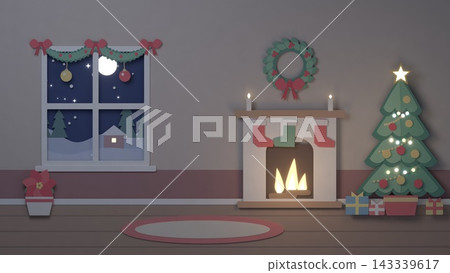 A paper cutout of a living room on Christmas Eve, with a lit tree and fireplace. A paper cutout of a living room on Christmas Eve, with a lit tree and fireplace. 143339617
