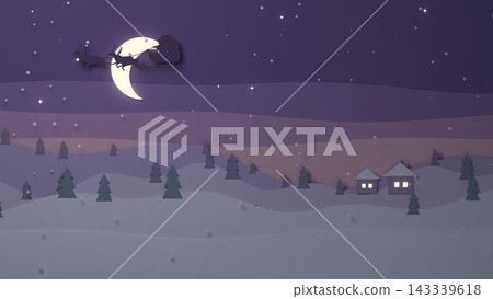 Paper cutouts: Silhouette of a crescent moon at dusk and Santa's sleigh in a snowy forest. Paper cutouts: Silhouette of a crescent moon at dusk and Santa's sleigh in a snowy forest. 143339618