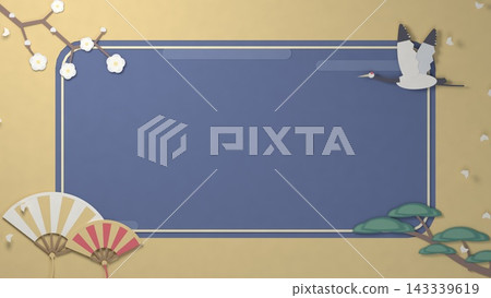 Paper cutout with a navy and gold Japanese frame featuring a crane, white plum blossoms, a fan, and pine trees. An elegant message. Paper cutout with a navy and gold Japanese frame featuring a crane, white plum blossoms, a fan, and pine trees. An elegant message. 143339619