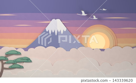 Paper cutouts of Mount Fuji and the first sunrise of the year; a crimson sunrise and a sea of clouds; cranes and pine trees. 143339620