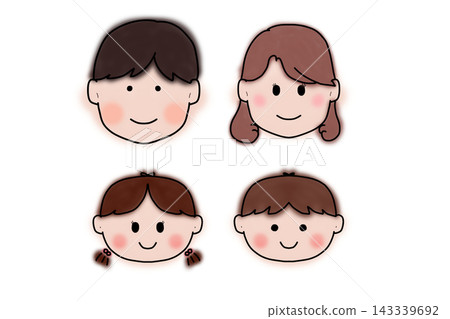 Hand-drawn illustration of a family of four smiling faces. Hand-drawn illustration of a family of four smiling faces. 143339692