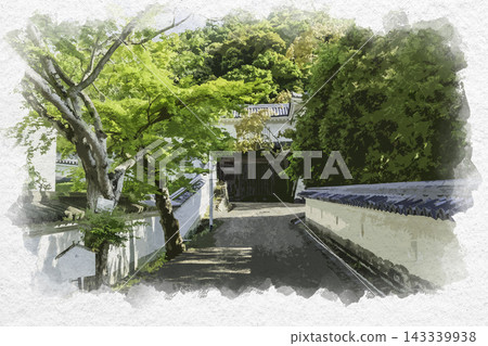 Watercolor style painting of Tatsuno Castle, a castle town, and its buried gate, Tatsuno City, Hyogo Prefecture. 143339938