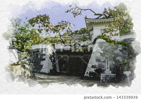 Watercolor style painting of Tatsuno Castle, a castle town, and its buried gate, Tatsuno City, Hyogo Prefecture. 143339939