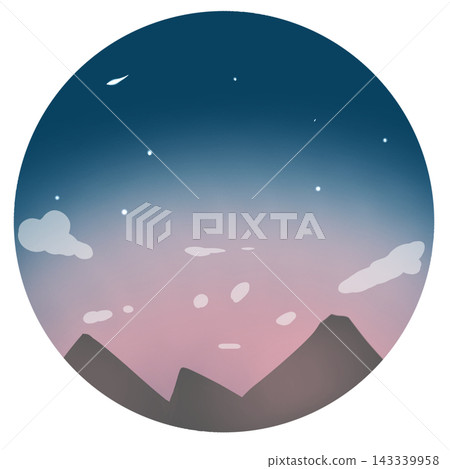Round frame background material featuring a sunset/night sky and mountain range. Round frame background material featuring a sunset/night sky and mountain range. 143339958