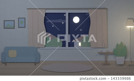 一幅用剪紙繪製的客廳夜景插圖,以月亮和落地燈的光芒為背景。 一幅用剪紙繪製的客廳夜景插圖,以月亮和落地燈的光芒為背景。 143339986