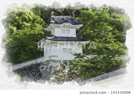 Watercolor-style painting of Tatsuno Castle, a castle town, and its corner turret, Tatsuno City, Hyogo Prefecture. Watercolor-style painting of Tatsuno Castle, a castle town, and its corner turret, Tatsuno City, Hyogo Prefecture. 143339996