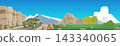 Traveling of pickup car with driving on dirt road. Rocky mountain landscape with green grass tree growing in an open field. Under a bright blue sky.  143340065