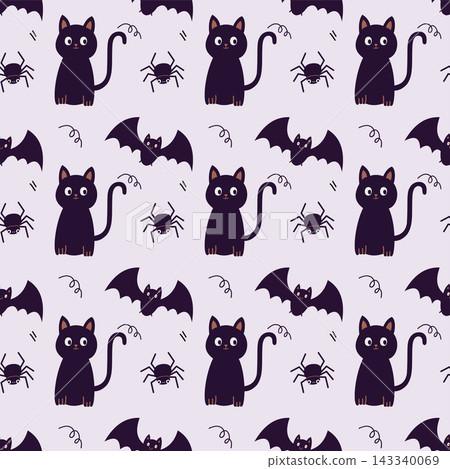Halloween seamless pattern with cute black cat, bat and spider, spooky holiday vector background for fabric and wrapping paper Halloween seamless pattern with cute black cat, bat and spider, spooky holiday vector background for fabric and wrapping paper 143340069