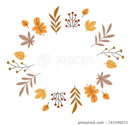Autumn leaf wreath vector design, fall foliage circular frame with branches and berries for wedding monogram or logo template 143340072