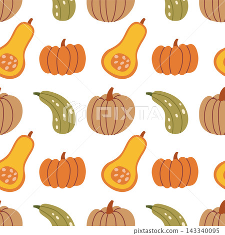 Seamless fall pattern with pumpkin slice and squash in simple hand drawn style, flat vector autumn background for thanksgiving fabric Seamless fall pattern with pumpkin slice and squash in simple hand drawn style, flat vector autumn background for thanksgiving fabric 143340095