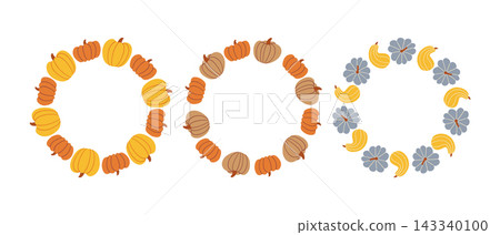Autumn pumpkin wreath frame vector set for thanksgiving design, minimalist round harvest element borders Autumn pumpkin wreath frame vector set for thanksgiving design, minimalist round harvest element borders 143340100