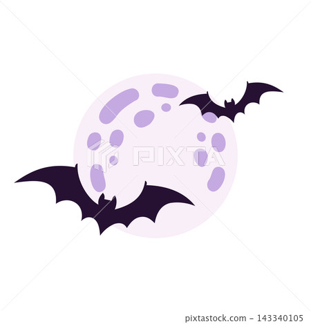 Halloween bat element with full moon isolated on white background, cute spooky clipart vector illustration for holiday design 143340105