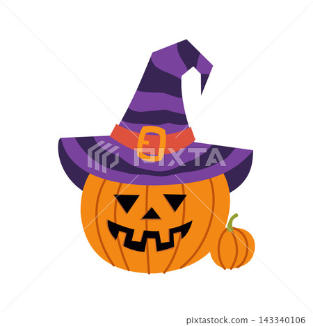 Halloween pumpkin jack o lantern in purple witch hat isolated on white background, cute spooky holiday vector illustration Halloween pumpkin jack o lantern in purple witch hat isolated on white background, cute spooky holiday vector illustration 143340106