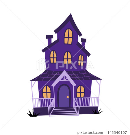Spooky halloween haunted house isolated on white background, cute cartoon purple witch mansion vector illustration for holiday design Spooky halloween haunted house isolated on white background, cute cartoon purple witch mansion vector illustration for holiday design 143340107