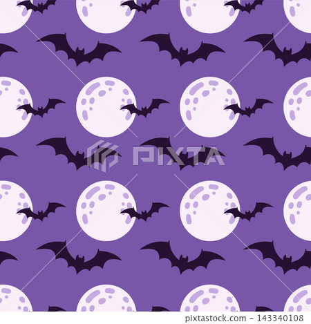 Halloween seamless pattern with flying bat and full moon on purple background for holiday wrapping paper and textile design Halloween seamless pattern with flying bat and full moon on purple background for holiday wrapping paper and textile design 143340108