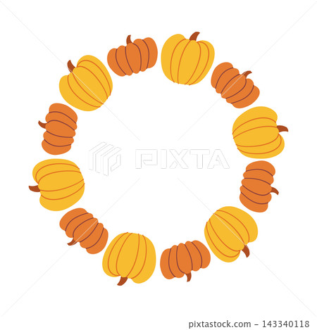 Orange and yellow pumpkin wreath in simple hand drawn style, flat vector round frame with harvest vegetables for autumn banner 143340118