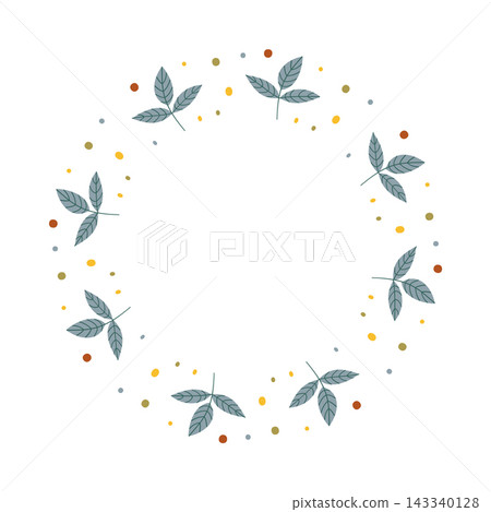 Autumn wreath with blue leaves, hand drawn fall foliage round frame vector illustration for botanical greeting card, invitation and logo 143340128