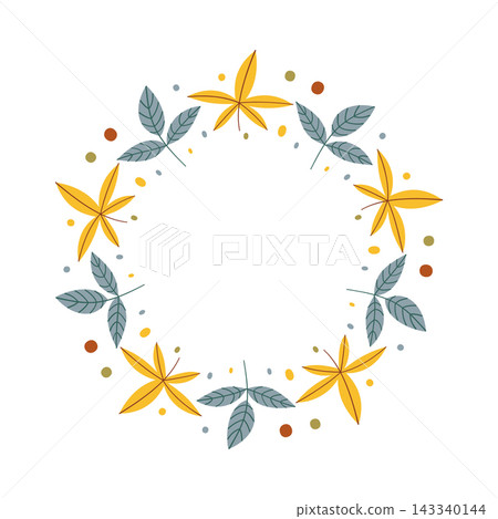Autumn leaves wreath vector illustration, round botanical frame with fall foliage and dots for thanksgiving card, invitation and sale Autumn leaves wreath vector illustration, round botanical frame with fall foliage and dots for thanksgiving card, invitation and sale 143340144