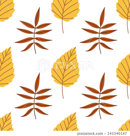 Autumn leaves seamless pattern vector, fall foliage background template with yellow and brown leaf for fabric, textile and packaging design Autumn leaves seamless pattern vector, fall foliage background template with yellow and brown leaf for fabric, textile and packaging design 143340147
