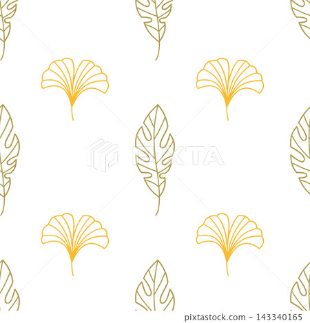 Autumn seamless pattern with golden ginkgo and tropical leaves line art vector background for fall season decoration wallpaper fabric Autumn seamless pattern with golden ginkgo and tropical leaves line art vector background for fall season decoration wallpaper fabric 143340165