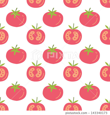 Tomato seamless pattern with cute hand drawn whole and cut vegetable slices on white background for kitchen textile and packaging Tomato seamless pattern with cute hand drawn whole and cut vegetable slices on white background for kitchen textile and packaging 143340173