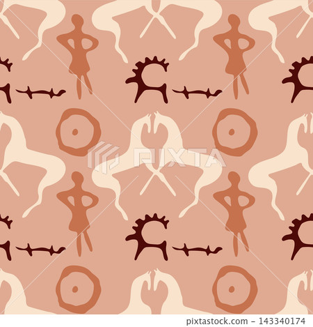 Ancient petroglyph person and horse seamless pattern, Saimaluu Tash cave art with primitive woman figure on beige background for identity Ancient petroglyph person and horse seamless pattern, Saimaluu Tash cave art with primitive woman figure on beige background for identity 143340174