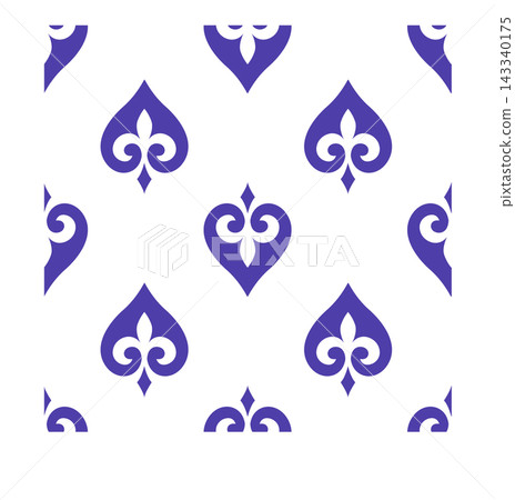 Traditional Kyrgyz ornament seamless pattern with blue folk heart spade motif and lily icon on white background for greeting card backdrop 143340175