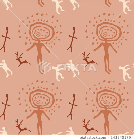 Ancient petroglyph sunhead deity seamless pattern, Saimaluu Tash cave art with primitive shaman god illustration for poster merchandise Ancient petroglyph sunhead deity seamless pattern, Saimaluu Tash cave art with primitive shaman god illustration for poster merchandise 143340179