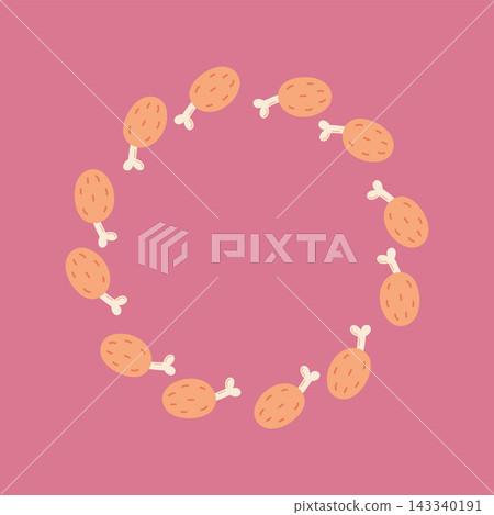 Chicken leg circle frame with cute hand drawn drumsticks on pink background for cafe menu and fast food packaging design Chicken leg circle frame with cute hand drawn drumsticks on pink background for cafe menu and fast food packaging design 143340191