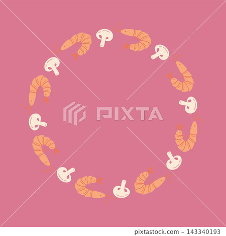Shrimp and mushroom round frame with hand drawn seafood in circle shape for logo and menu design 143340193