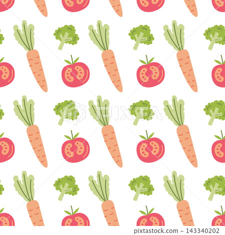 Vegetable seamless pattern with hand drawn carrot tomato and broccoli for kitchen and healthy food packaging Vegetable seamless pattern with hand drawn carrot tomato and broccoli for kitchen and healthy food packaging 143340202