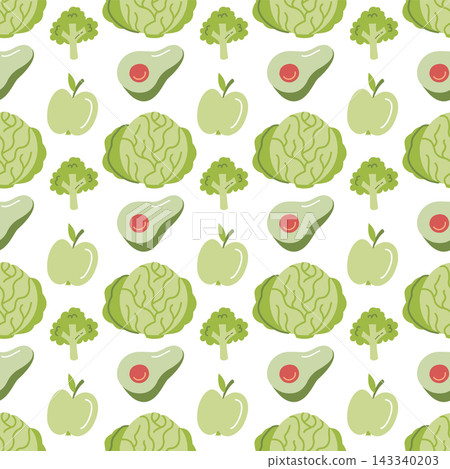 Green food seamless pattern with hand drawn avocado cabbage broccoli and apple for healthy product packaging 143340203