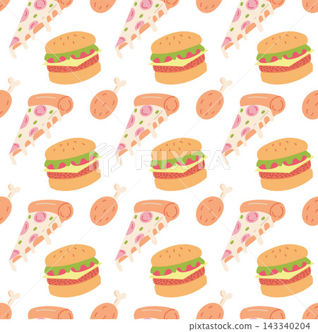 Fast food seamless pattern with hand drawn burger pizza and chicken leg for cafe menu and packaging design Fast food seamless pattern with hand drawn burger pizza and chicken leg for cafe menu and packaging design 143340204