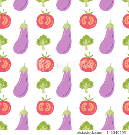 Vegetable seamless pattern with hand drawn eggplant tomato and broccoli for kitchen fabric and healthy food packaging Vegetable seamless pattern with hand drawn eggplant tomato and broccoli for kitchen fabric and healthy food packaging 143340205