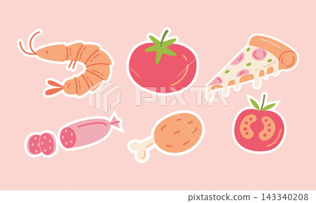 Hand drawn food sticker set with shrimp tomato pizza sausage and chicken leg for digital planning and decoration Hand drawn food sticker set with shrimp tomato pizza sausage and chicken leg for digital planning and decoration 143340208