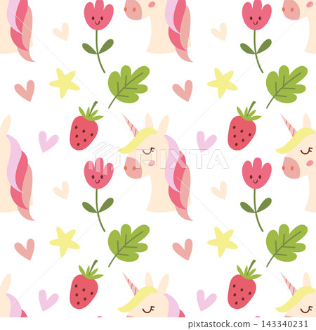 Seamless pattern with unicorn, tulip and strawberry doodle Seamless pattern with unicorn, tulip and strawberry doodle 143340231
