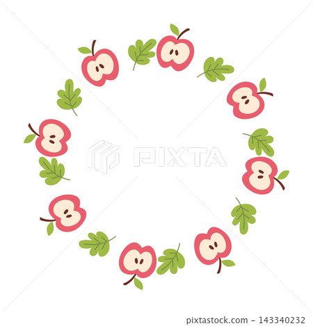 Round frame wreath with apple slice and green leaf doodle 143340232