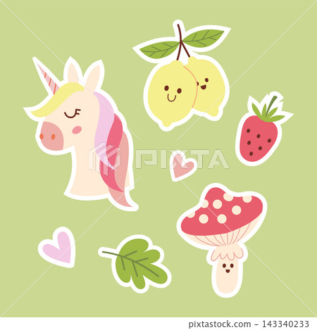 Kawaii sticker pack with cute unicorn and lemons 143340233