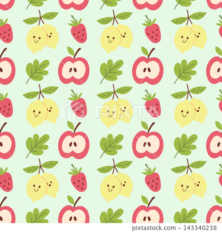 Cute Kawaii Fruit Seamless Pattern with Lemons and Apples 143340238