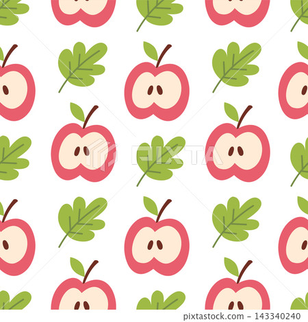 Cute Red Apple Half and Green Leaf Seamless Pattern Cute Red Apple Half and Green Leaf Seamless Pattern 143340240