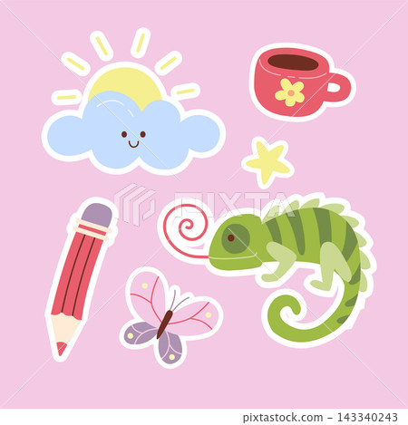 Kawaii sticker set with chameleon, cloud, pencil and mug Kawaii sticker set with chameleon, cloud, pencil and mug 143340243