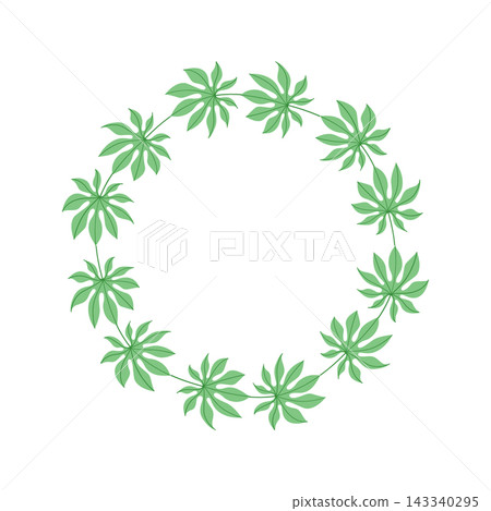 Green finger leaves wreath frame isolated on white, botanical circle border for tropical wedding invitation, logo design and eco branding Green finger leaves wreath frame isolated on white, botanical circle border for tropical wedding invitation, logo design and eco branding 143340295