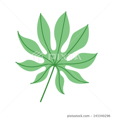 Single green tropical finger leaf isolated on white background, minimalist botanical foliage element for logo design and summer branding Single green tropical finger leaf isolated on white background, minimalist botanical foliage element for logo design and summer branding 143340296