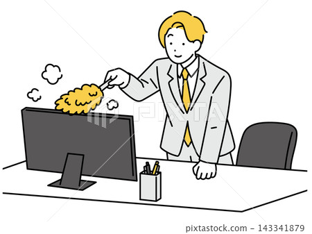 An illustration of a male office worker dusting his desk. An illustration of a male office worker dusting his desk. 143341879