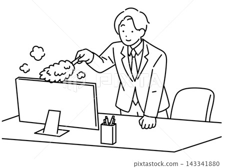 An illustration of a male office worker dusting his desk. An illustration of a male office worker dusting his desk. 143341880